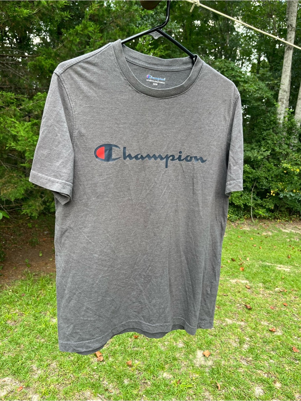 Champion Men's Charcoal Gray Logo Tee with Navy & Red Accent